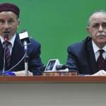 Libyan PM Keib listens to NTC Chairman Jalil speak in Benghazi