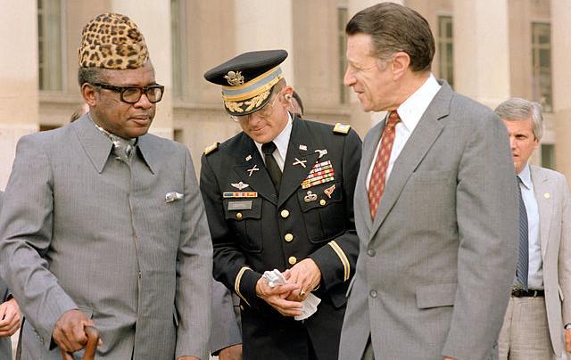 Mobutu Sese Seko, president of then Zaire, meets the US Secretary of Defence in 1983. Photograph by Frank Hall.