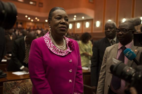 Samba-Panza reacts after she was elected as Central African Republic's interim president at the national assembly in Bangui