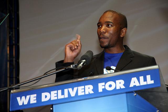 Mmusi Maimane, the Democratic Alliance's new leader, speaking at a party event in Soweto. Photograph by the DA.