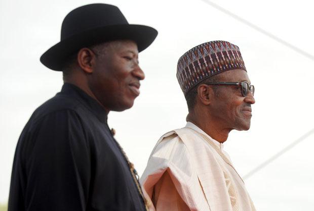 President Buhari (right) and his predecessor Goodluck Jonathan (left) both promised to defeat Boko Haram. Credit: GCIS.