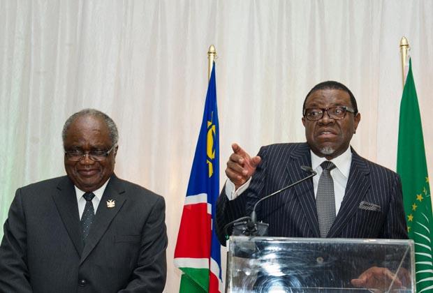 President Hage Geingob (right) has been in power for one year since taking over from his predecessor Hifikepunye Pohamba (left). Credit: DoC.