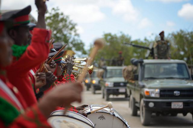 A military band plays during a parade at the Somali Armed Forces Headquarters to celebrate the army's 56th anniversary in Mogadishu. Credit: AMISOM/Tobin Jones