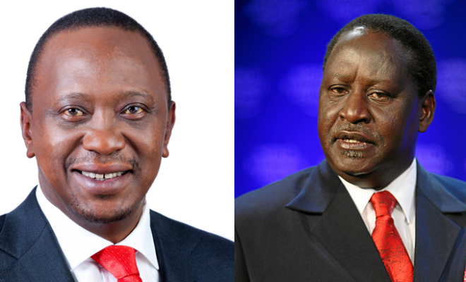 The two front runners, President Uhuru Kenyatta (left) and Raila Odinga (right). Credit: State House of Kenya/World Economic Forum.