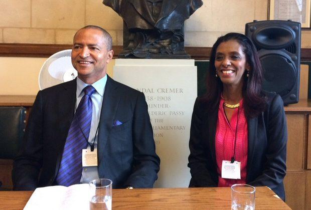 Moïse Katumbi (left) with Zeinab Badawi (right) speaking at an Africa All Party Parliamentary event in the UK. Credit: Sheila Ruiz.
