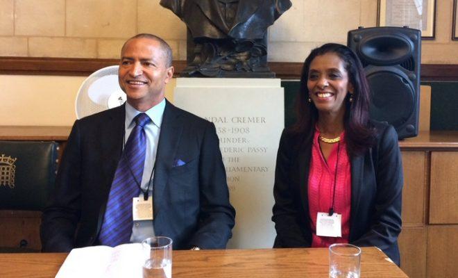 Moïse Katumbi (left) with Zeinab Badawi (right) speaking at an Africa All Party Parliamentary event in the UK. Credit: Sheila Ruiz.