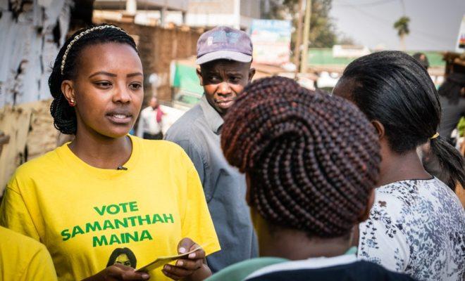 MCA candidate Samantha Maina on the campaign trail. Credit: Peter Doerrie.