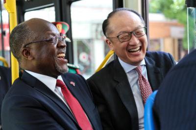 President John Magufuli riding the newly launched bus service in Dar es Salaam. Credit: Sarah Farhat/World Bank