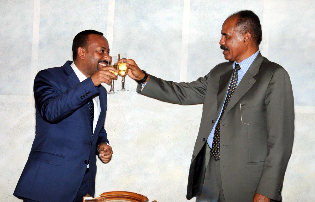 Ethiopia's PM Abiy Ahmed and Eritrea's President Isaias Afewerki at an official dinner in Asmara. Credit: Yemane Gebremeskel, Minister of Information, Eritrea.