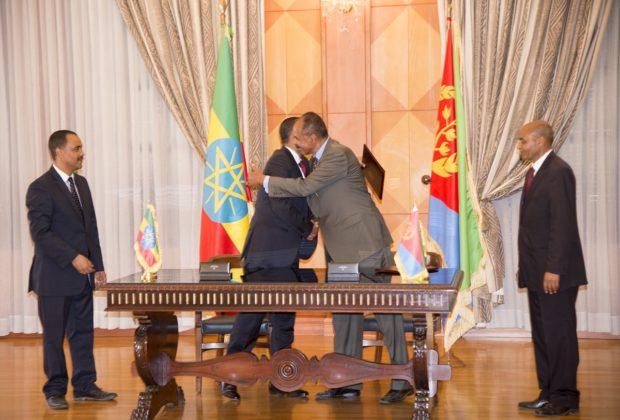 Abiy and Isaias embrace after signing the Joint Declaration of Peace and Friendship.