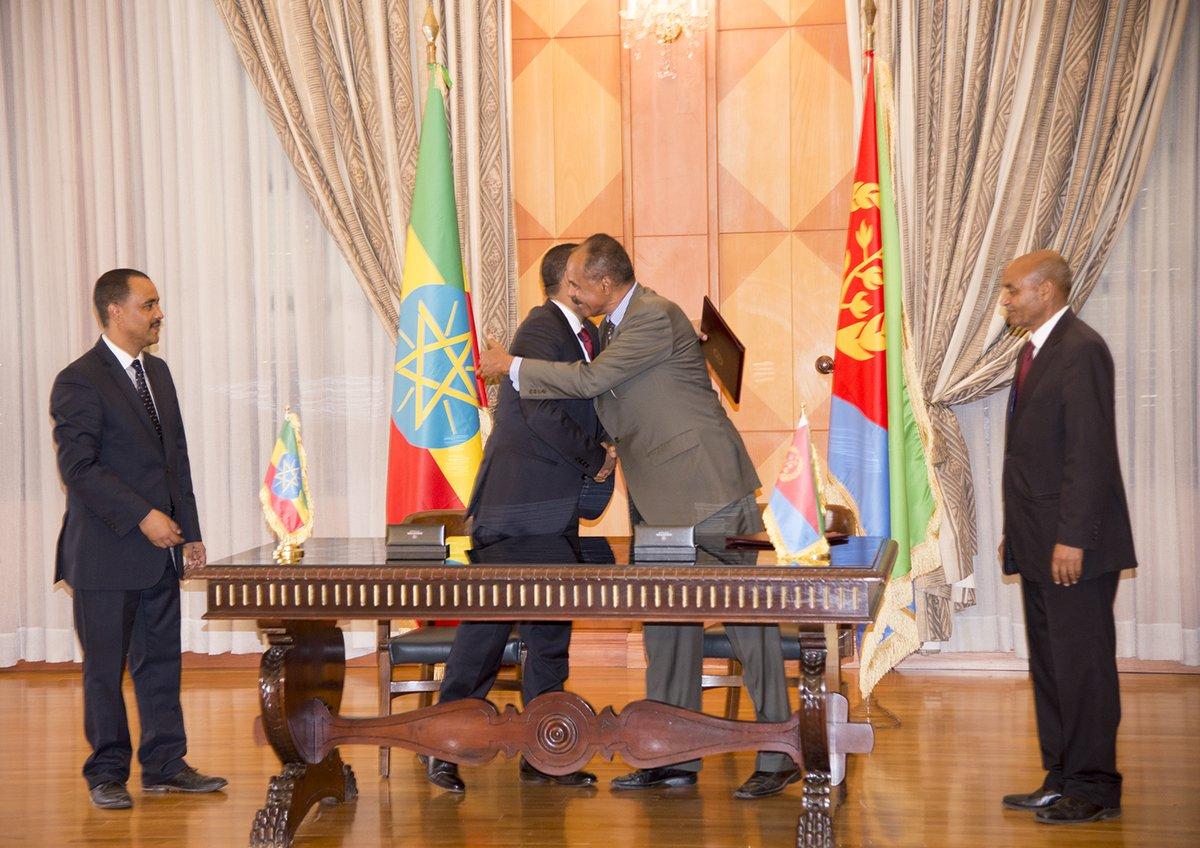 Abiy and Isaias embrace after signing the Joint Declaration of Peace and Friendship. 