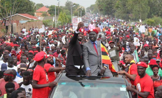 Bobi Wine on the campaign trail with Kassiano Wadri, the independent candidate that won the Arua by-election last week. Credit: Bobi Wine.