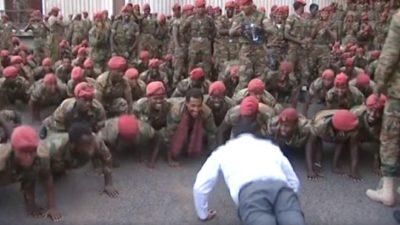 Ethiopia PM Abiy Ahmed doing press ups with protesting troops.