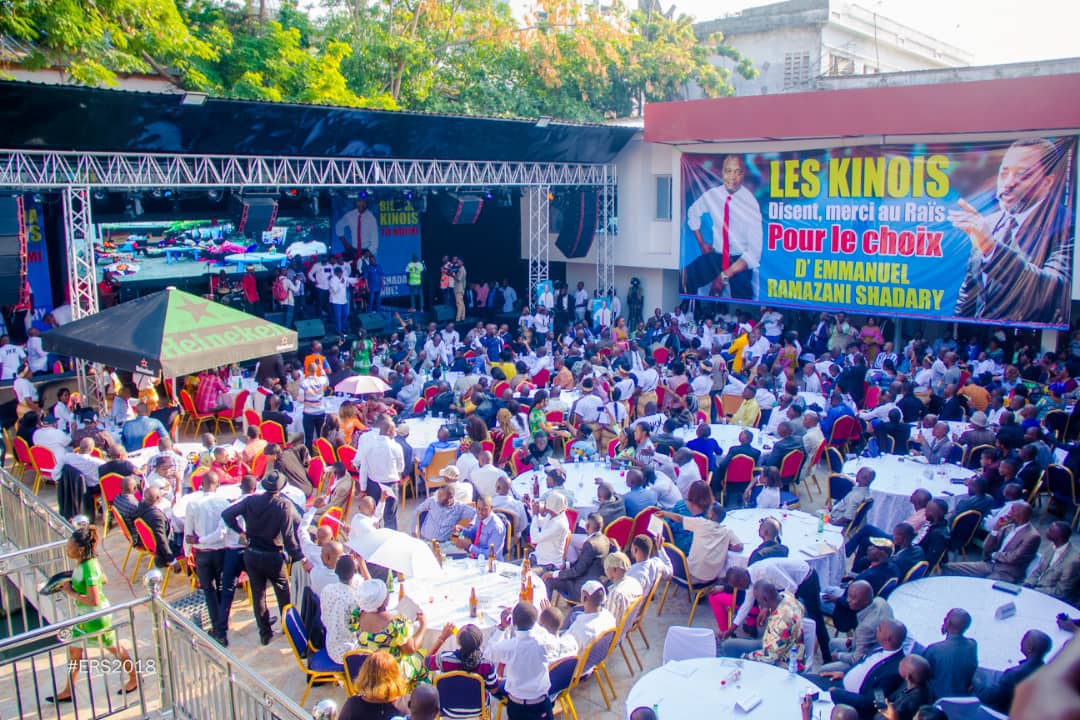 A campaign event featuring a banner showing presidential candidate Emmanuel Shadary along with the outgoing President Joseph Kabila. Credit: Shadary Campaign.