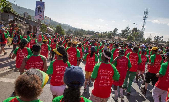 Participants of the Great Ethiopian Run wear a t-shirt with the message "Empower Women, Empower a Nation" in Amharic on the back. Credit: UNICEF Ethiopia/2014/Sewunet.