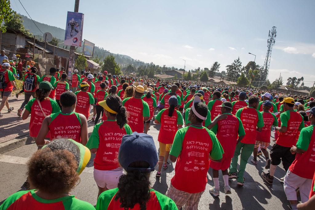 Participants of the Great Ethiopian Run wear a t-shirt with the message "Empower Women, Empower a Nation" in Amharic on the back. Credit: UNICEF Ethiopia/2014/Sewunet.