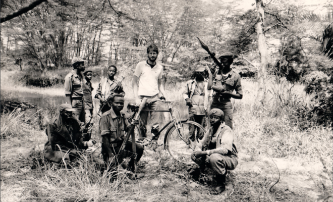 William Pike with NRA guerrillas in Luwero, July 1984, at the River Mayanja crossing point.