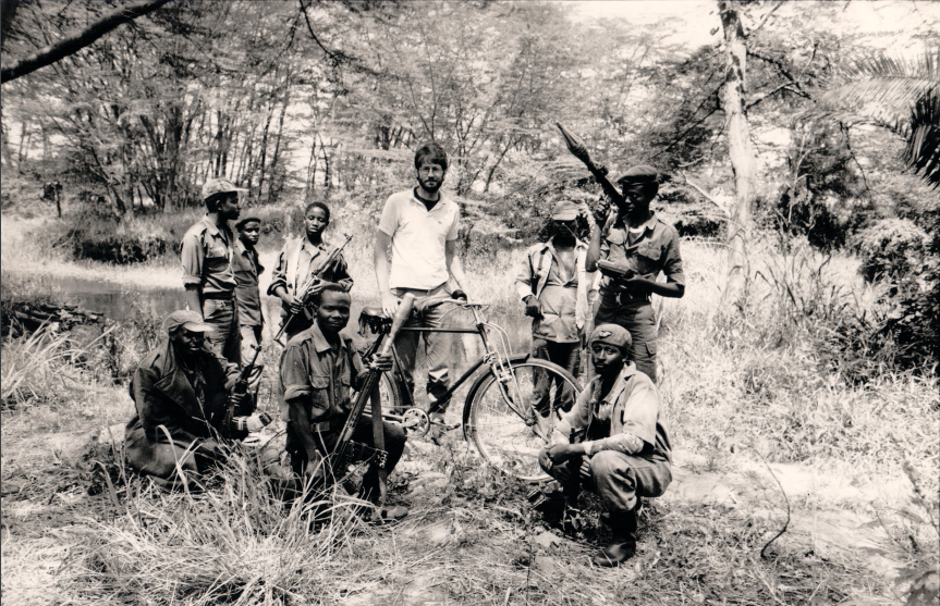 William Pike with NRA guerrillas in Luwero, July 1984, at the River Mayanja crossing point.