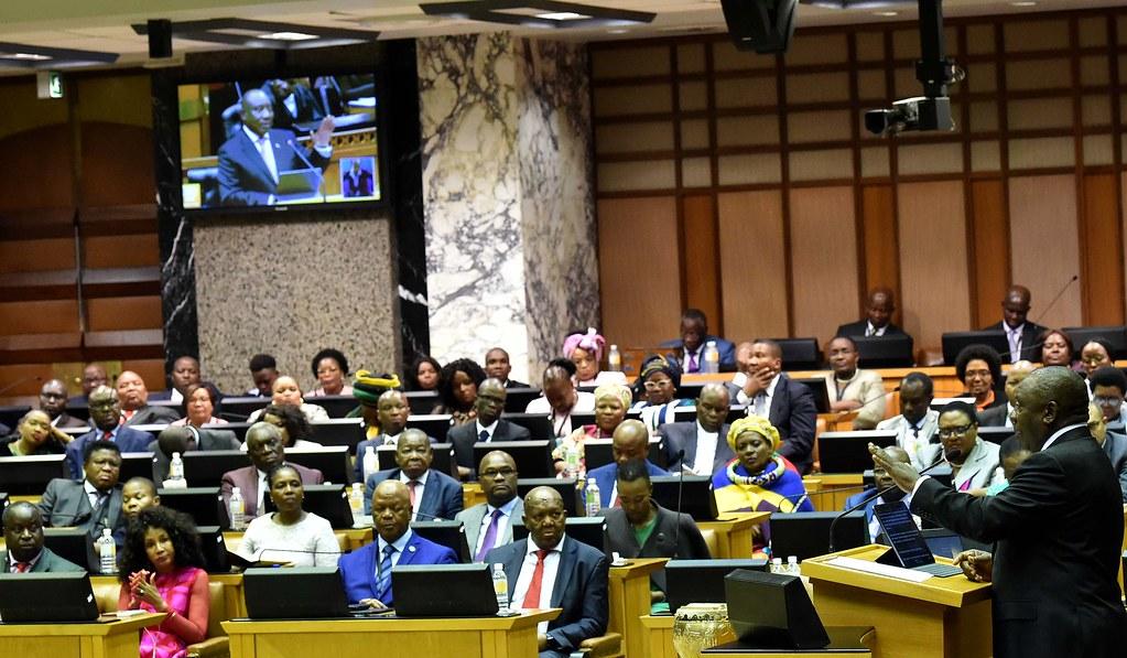 President Cyril Ramaphosa addresses the National Assembly after being re-elected in May 2019. Credit: Jairus Mmutle/GCIS