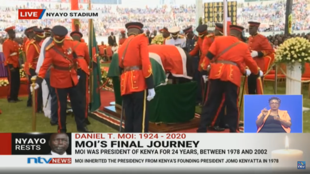 A snapshot from NTV's coverage of Daniel arap Moi's funeral on 11 February.