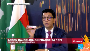President Andry Rajoelina promoting his CVO COVID-19 cure in an interview on France24.