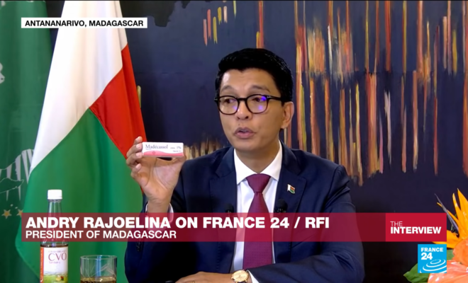 President Andry Rajoelina promoting his CVO COVID-19 cure in an interview on France24.