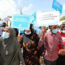 Supporters of different Somali opposition presidential candidates protest over delayed elections in Mogadishu on February 19, 2021. Credit: AFP via Getty Images.