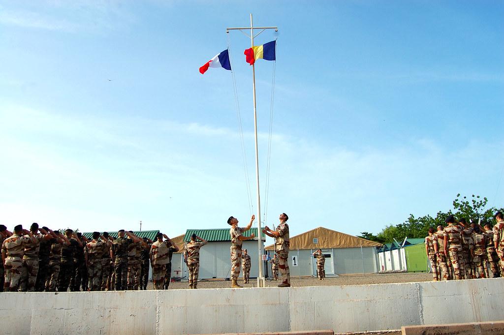 French and Chad military participate in a flag ceremony to commemorate the launch of Operation Barkhane. Credit: U.S. Army Africa photos by Chief Warrant Officer 3 Martin S. Bonner.