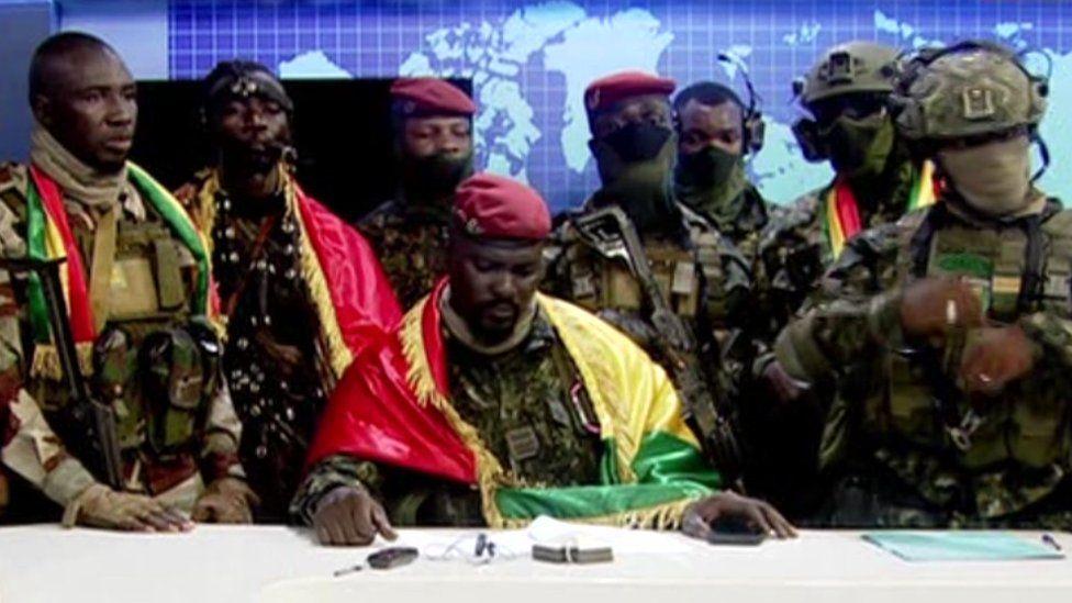 Guinea's coup leaders on state television. 