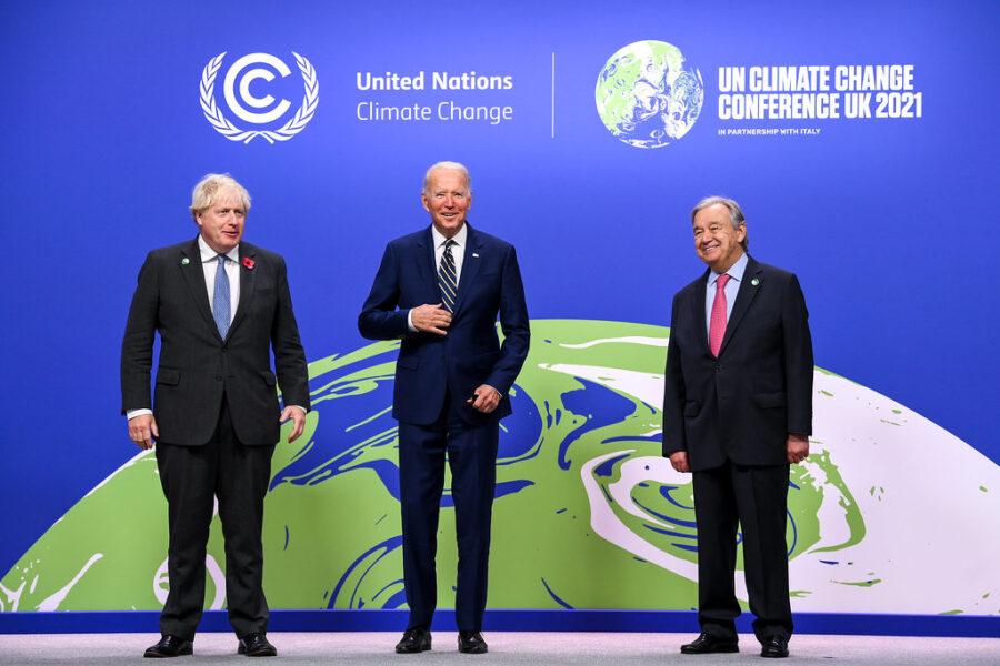 UK Prime Minister Boris Johnson, US President Joe Biden and UN Secretary-General Antonio Guterres at the COP26 World Leaders Summit. Credit: Karwai Tang/ UK Government.