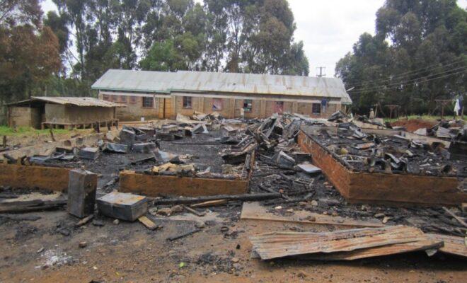 A Kenyan secondary boarding school soon after it was burnt down. Credit: Elizabeth Cooper.