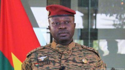 Lieutenant Colonel Paul-Henri Damiba giving a public address after the coup in Burkina Faso. a