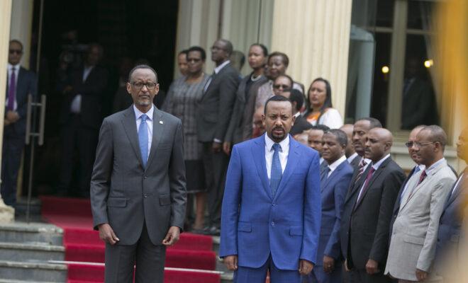 Prime Minister Abiy Ahmed (in light blue) of Ethiopia on a state visit to Rwanda in 2018. Credit: Paul Kagame.