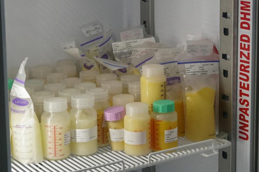 Donated breast milk in a refrigerator at St Francis Hospital Nsambya in Kampala, Uganda. In November, the hospital launched the country’s first breast milk bank. Credit: Patricia Lindrio/GPJ. 