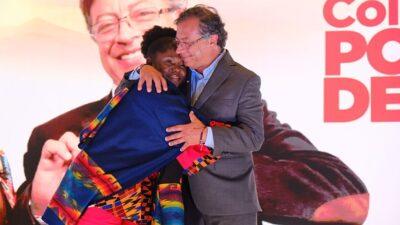 President-elect Gustavo Petro and Vice-president-elect Francia Márquez embrace after winning elections in Colombia. Credit: Pacto Histórico.