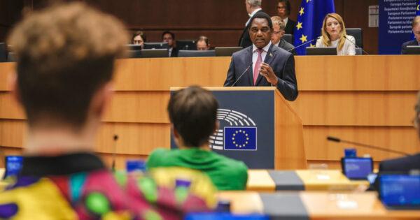 President Hakainde Hichilema giving a speech at the European Parliament in June 2022. Credit: European Parliament.