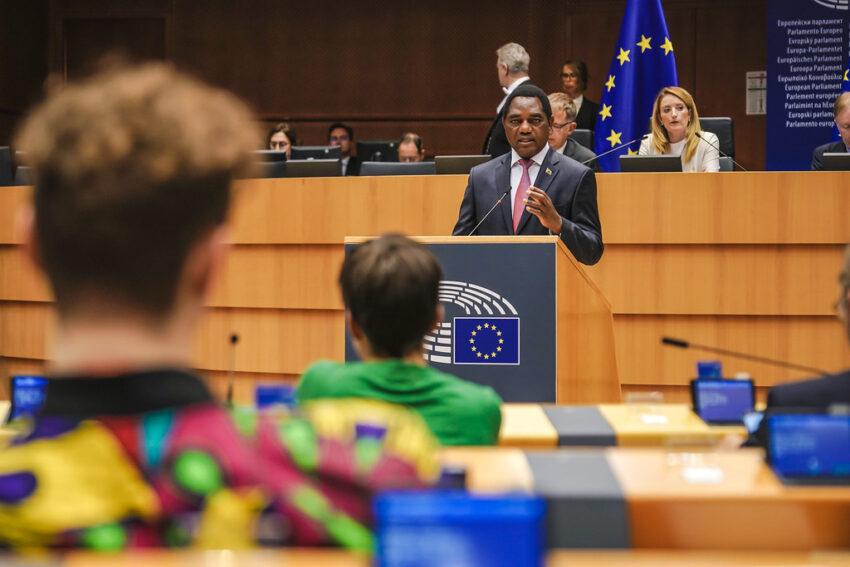 President Hakainde Hichilema giving a speech at the European Parliament in June 2022. Credit: European Parliament.