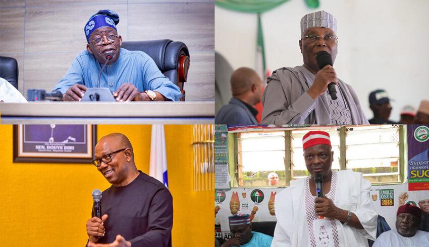 The main presidential candidates in Nigeria 2023: Bola Tinubu, Atiku Abubakar, Kwankwaso, Peter Obi (clockwise from top left).