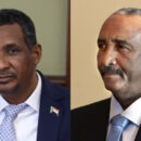 The men in suits are back in their combat fatigues: Composite picture of head of the Rapid Support Forces, General Mohamed Hamdan Dagalo, Hemedti', and Lt-Gen Abdel Fattah al-Burhan, who has led Sudan since 2019. Courtesy Wikicommons, and credit for Hemedti photo (Russian Federation), and Burhan (Govt of Azerbaijan).