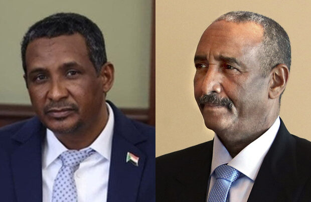The men in suits are back in their combat fatigues: Composite picture of head of the Rapid Support Forces, General Mohamed Hamdan Dagalo, Hemedti', and Lt-Gen Abdel Fattah al-Burhan, who has led Sudan since 2019. Courtesy Wikicommons, and credit for Hemedti photo (Russian Federation), and Burhan (Govt of Azerbaijan).