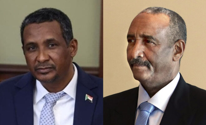 The men in suits are back in their combat fatigues: Composite picture of head of the Rapid Support Forces, General Mohamed Hamdan Dagalo, Hemedti', and Lt-Gen Abdel Fattah al-Burhan, who has led Sudan since 2019. Courtesy Wikicommons, and credit for Hemedti photo (Russian Federation), and Burhan (Govt of Azerbaijan).