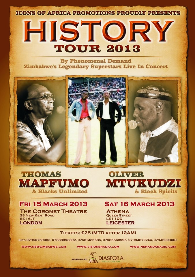 Poster of the Thomas Mapfumo/Oliver Mtukudzi concerts in 2013, icons of Chimurenga music. Image courtesy: Diana Jeater. 
