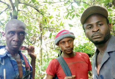 Andreas (right) with his colleagues in conservation in the Tofola Hill Wildlife Sanctuary, Cameroon.