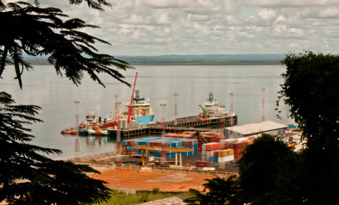 Spying a port through the trees in Cabo Delgado, Mozambique, the site of one of Africa's biggest oil and gas projects. Credit: Sigrid Ekman.