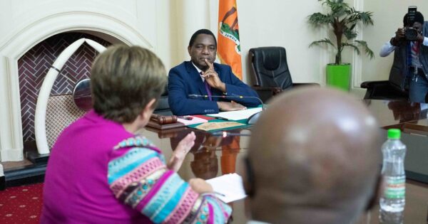 President Hakainde Hichilema meeting with IMF Managing Director Kristalina Georgieva at State House in Lusaka, Zambia, earlier in 2023. Credit: IMF Photo/Kim Haughton