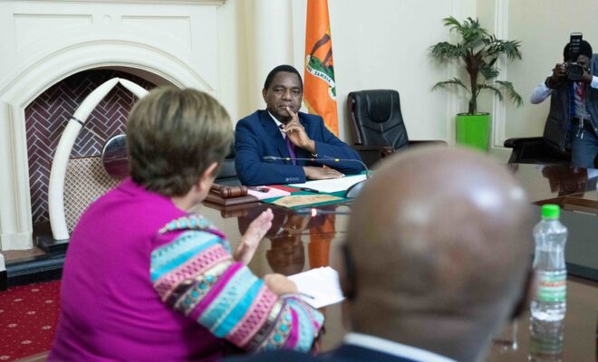 President Hakainde Hichilema meeting with IMF Managing Director Kristalina Georgieva at State House in Lusaka, Zambia, earlier in 2023. Credit: IMF Photo/Kim Haughton