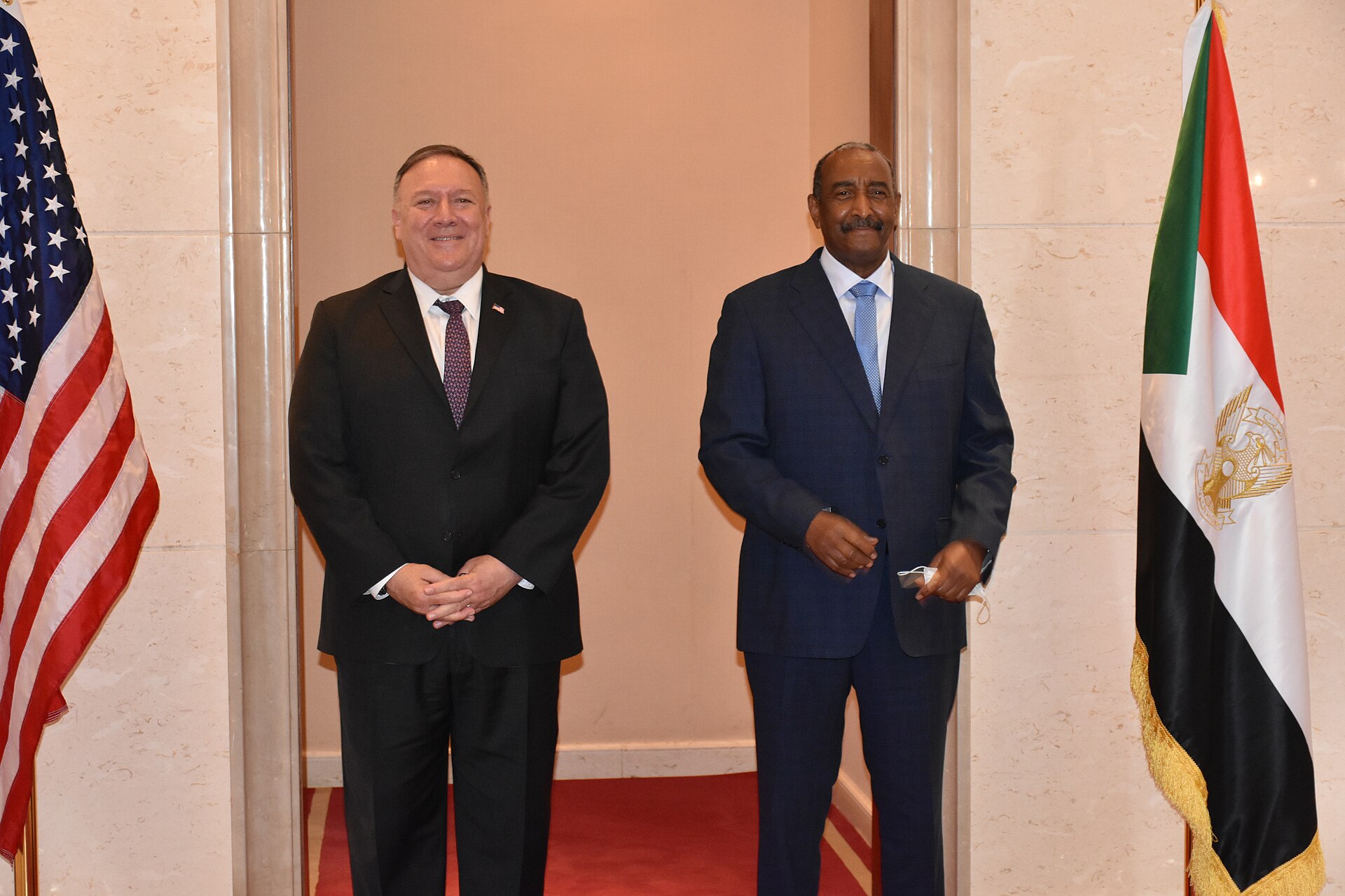 General Burhan and US Secretary of State Mike Pompeo in 2020 when Burhan chaired the Transitional Sovereignty Council during a period of power sharing between the military and a civilian Cabinet of Ministers (2019-21).